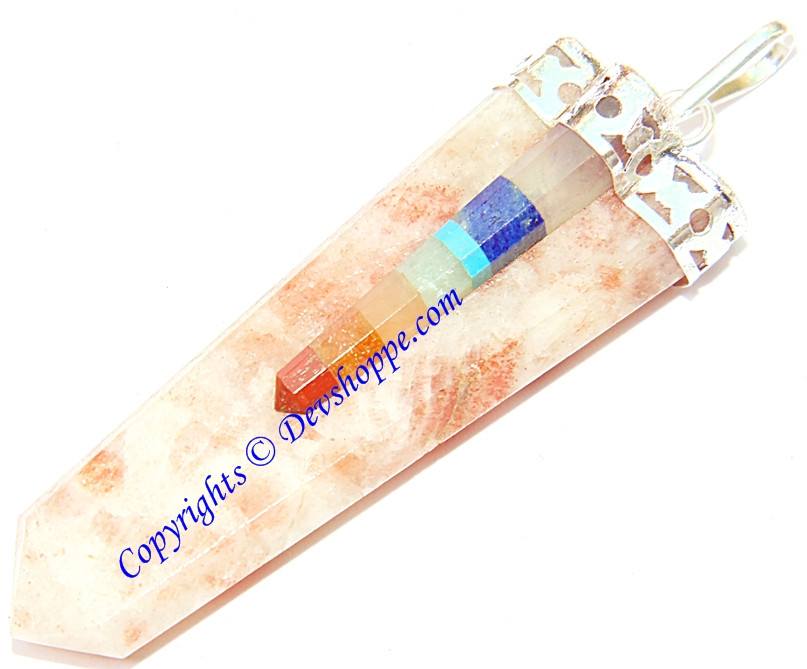 Natural orange quartz pendant with seven chakra stones, pointed crystal drop