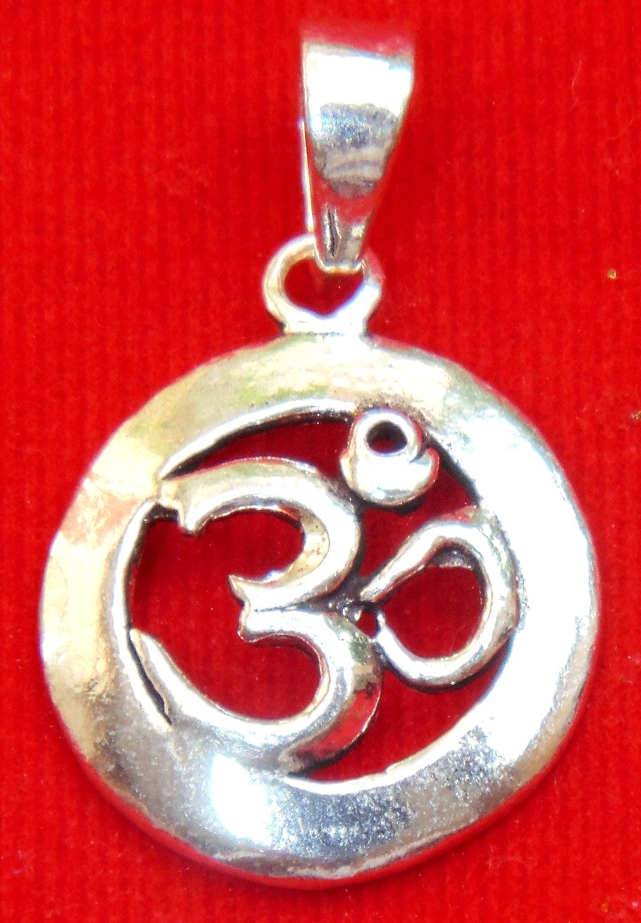 Sterling silver Om (Aum) pendant with circular outline and red center detail