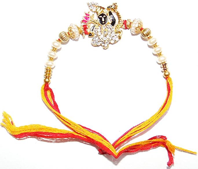 Shrinath ji rakhi band with gold beads, white pearls, red-yellow threads and tassels
