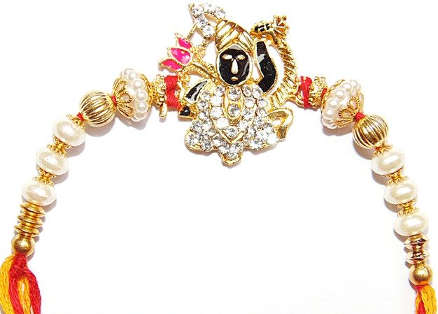 Shrinath ji rakhi band with gold beads, white pearls, red-yellow threads and tassels