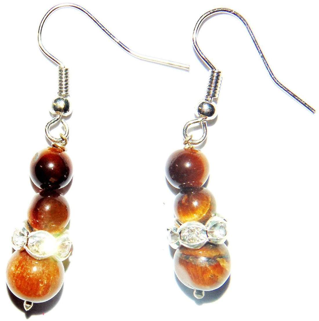 Tiger eye beaded drop earrings with silver hooks and three-toned brown/orange beads