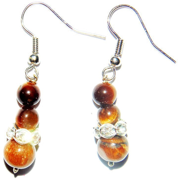 Tiger eye beaded drop earrings with silver hooks and three-toned brown/orange beads