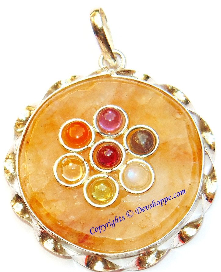 Yellow agate pendant with chakra stones: round cabochon, silver-tone bezel, 7 inlaid gems