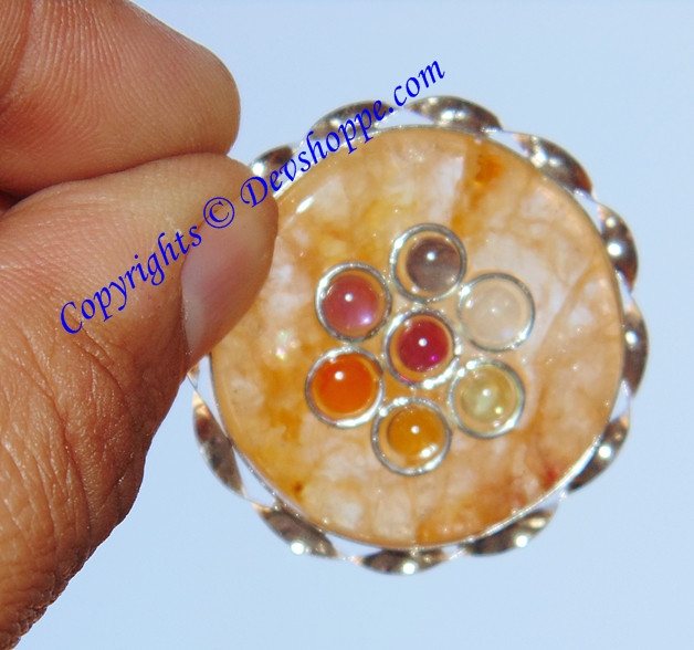Yellow agate pendant with chakra stones: round cabochon, silver-tone bezel, 7 inlaid gems