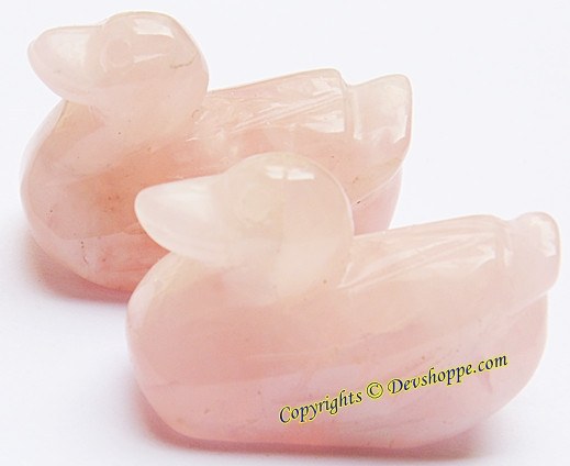 Rose quartz mandarin ducks pair in light pink carved stone