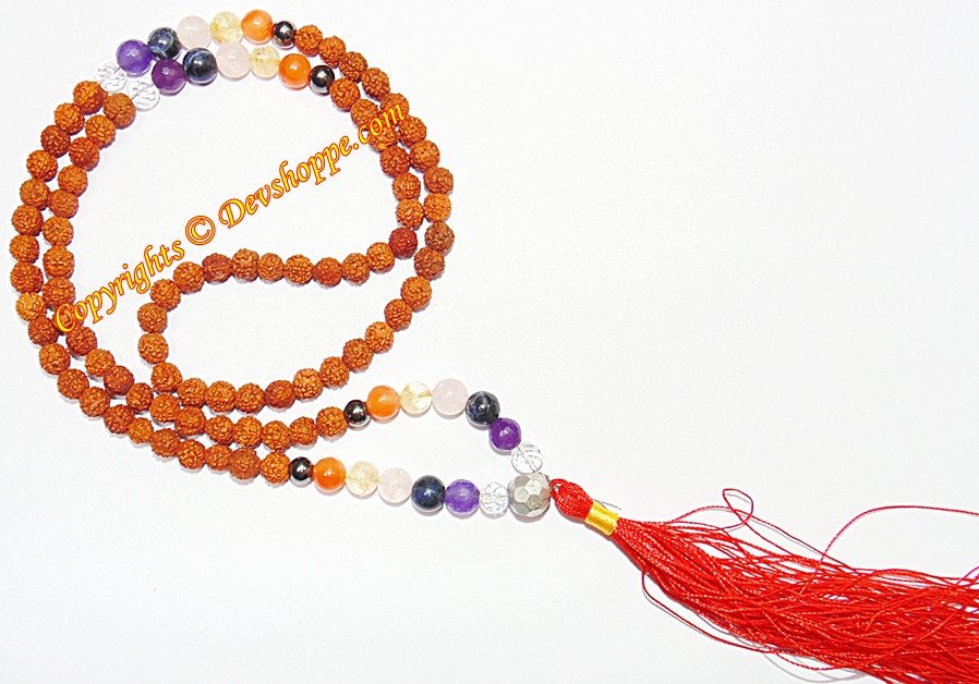 Traditional rudraksha mala with multi-stone beads and red tassel