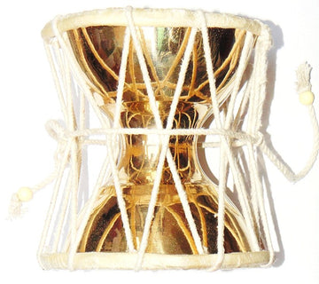 Large brass damru (damroo) with white rope lacing, hourglass drum body