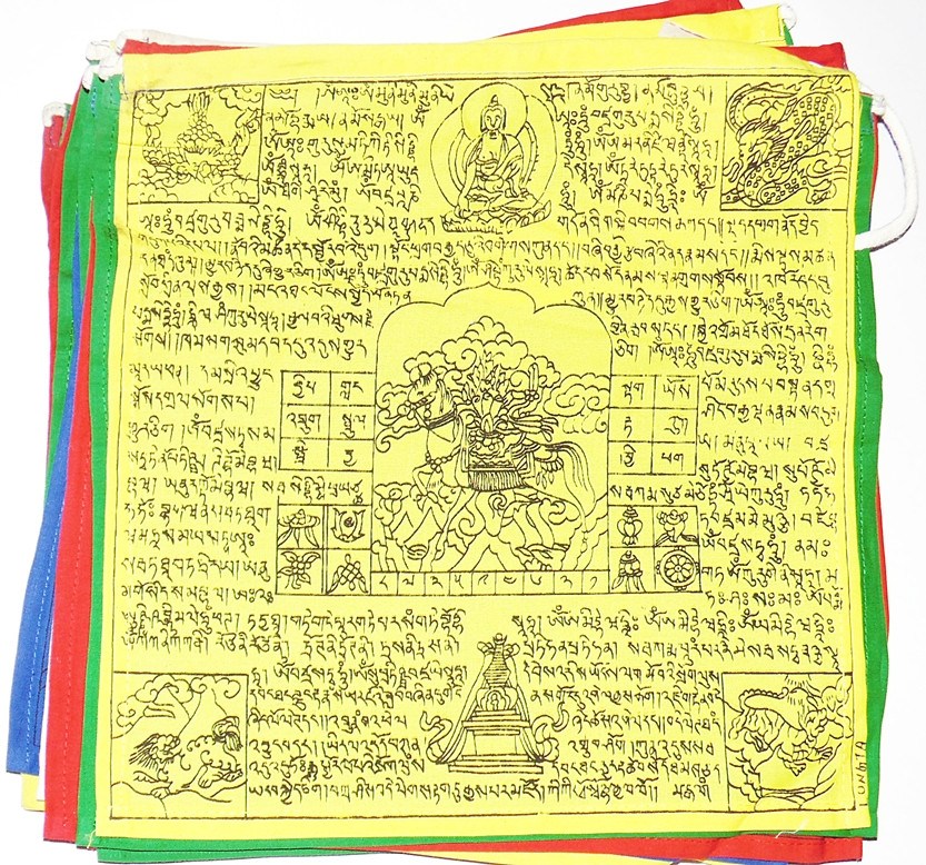Tibetan windhorse prayer flags set of 20, multicolored pennants with Tibetan script and icon