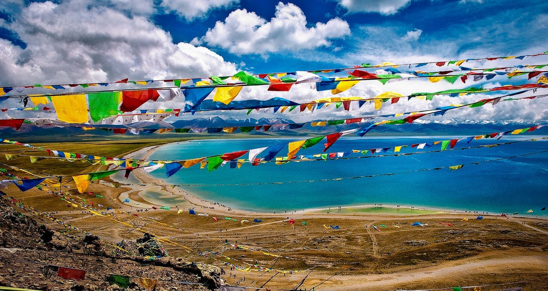 Tibetan windhorse prayer flags set of 20, multicolored pennants with Tibetan script and icon