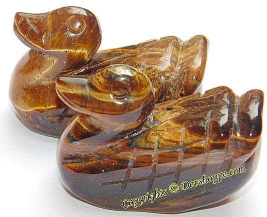 Tiger eye mandarin ducks pair figurine, polished amber-brown stones