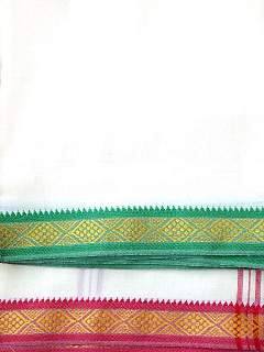White puja dhoti with green and gold woven border