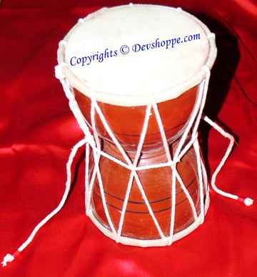 Wooden damru (damroo) with white laced frame and drumhead top, jumbo 12 inches