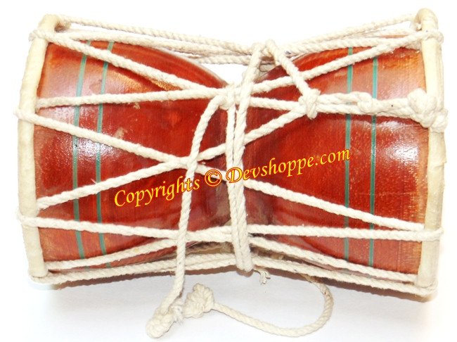 Jumbo 12-inch wooden damru with white crisscross lacing on both drum faces