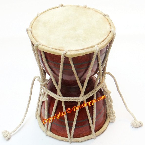 Wooden damru with round drumhead and tied lacing, jumbo 12 inches