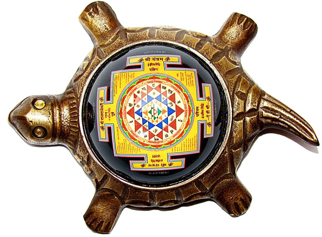 Golden tortoise pendant with Shree Yantra in a colorful round center