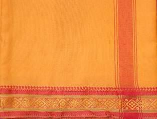Yellow puja dhoti with red border and gold woven motifs along the hem