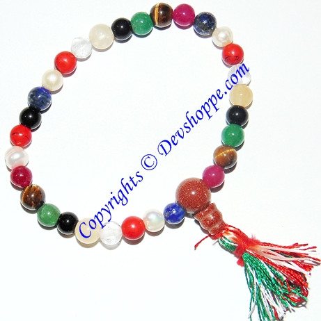 Colorful multi-stone bead bracelet with tassel, stretch elastic
