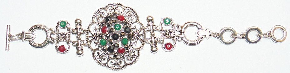 German silver tribal charm bracelet with round red, green, and dark stones