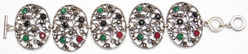 Tribal-Armband in Silberoptik mit ovalen Kettengliedern und grünen, roten, schwarzen Steinen