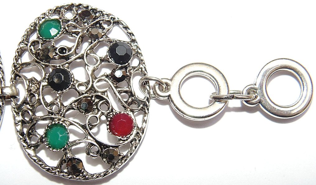 Tribal-Armband Silberoptik mit grünen, roten & schwarzen Steinen, Ringverschluss