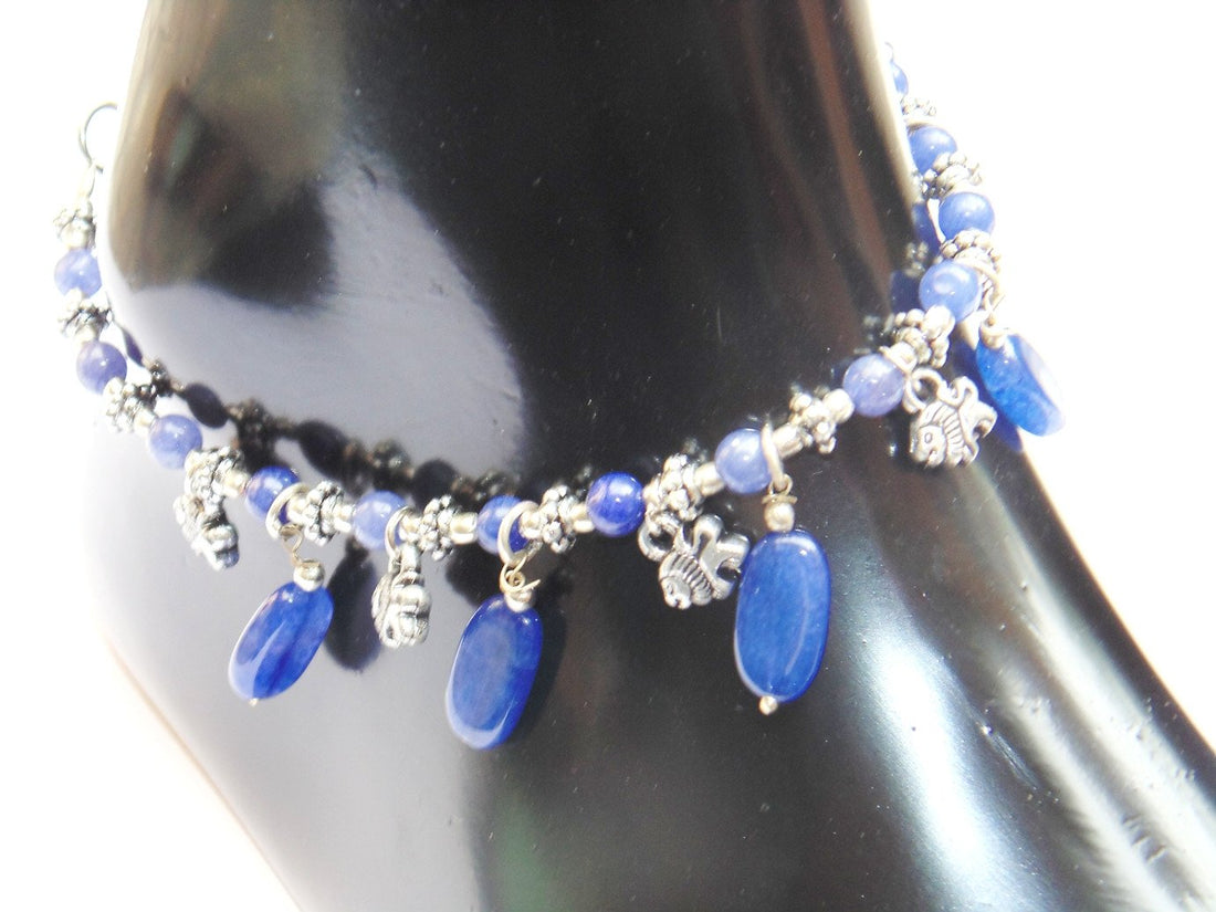 Blue agate anklet with blue teardrop beads and silver-toned charm links