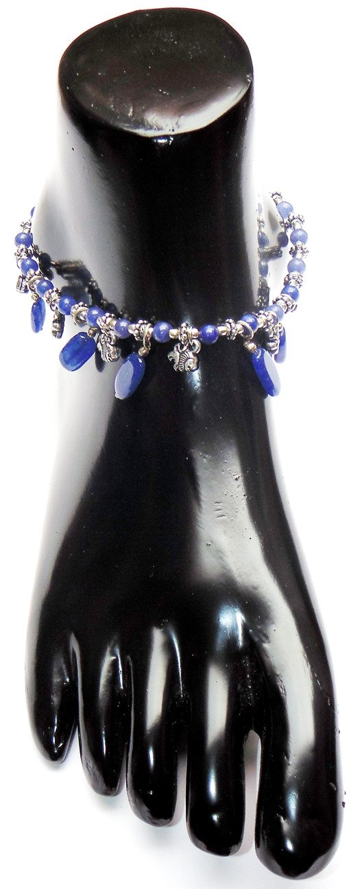 Blue agate anklet with blue teardrop beads and silver-toned charm links