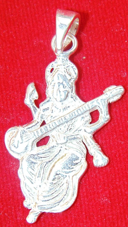Saraswati pure silver pendant with veena, detailed goddess figure