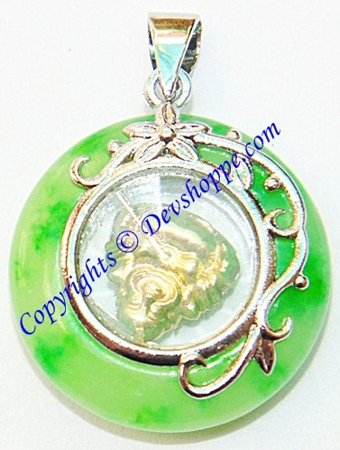 Green jade pendant with round window and gold revolving Buddha inside