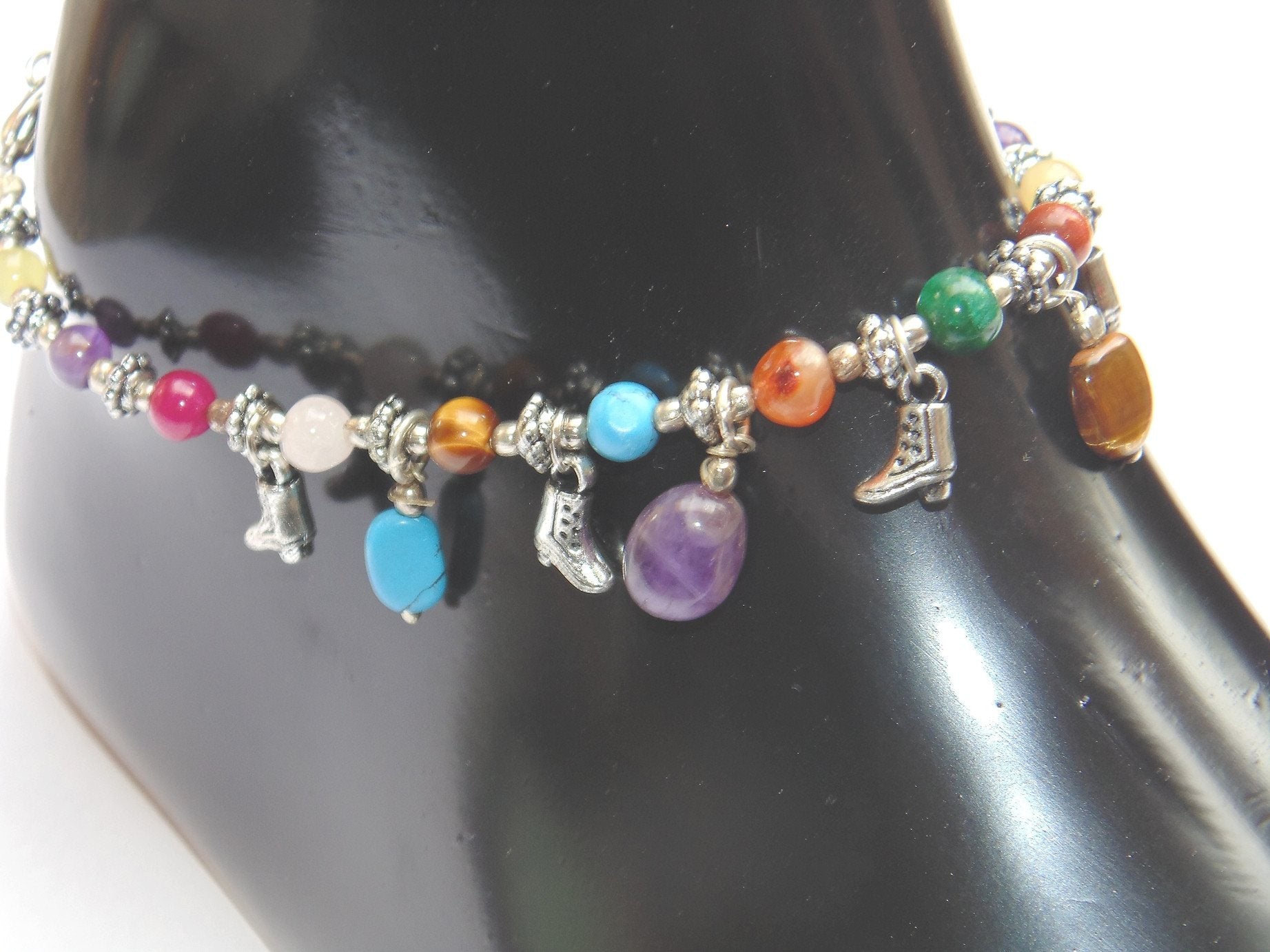 Navratna anklet: multicolor semi-precious beads with heart and hamsa charms