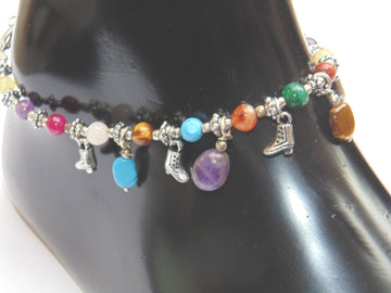 Navratna anklet: multicolor semi-precious beads with heart and hamsa charms