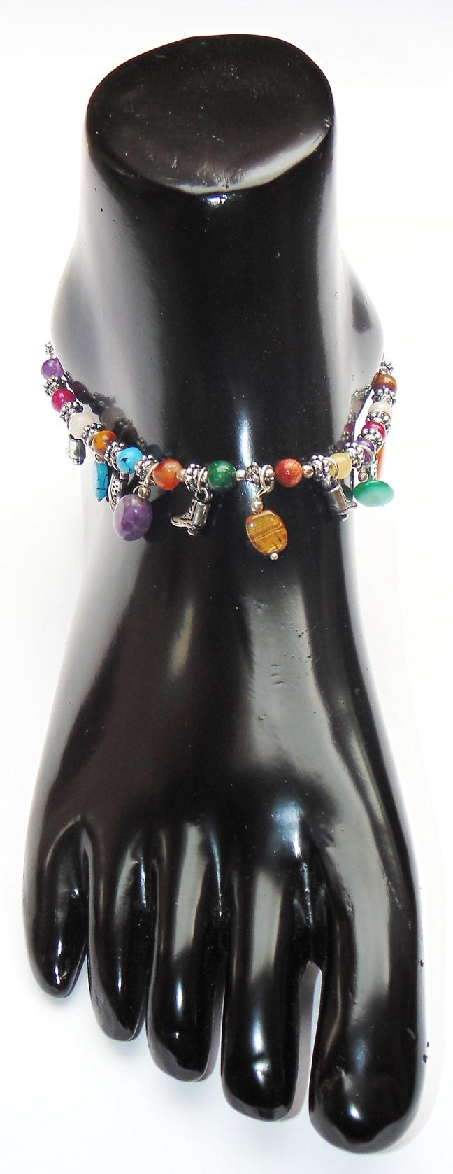 Navratna anklet: multicolor semi-precious beads with heart and hamsa charms