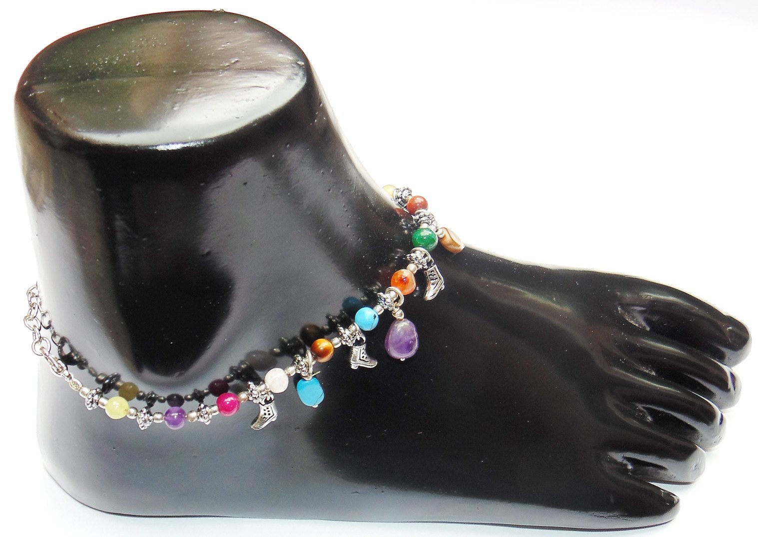 Navratna anklet: semi-precious bead links with hamsa, star and heart charms