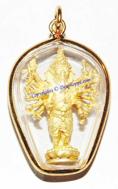 Teardrop Ganesha pendant with gold warrior deity in clear glass frame