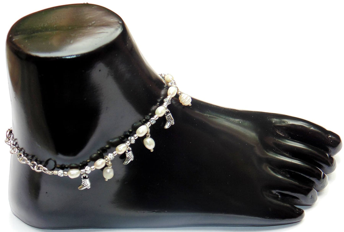 Pearl anklet with round pearl beads and silver-tone charm pendants on chain