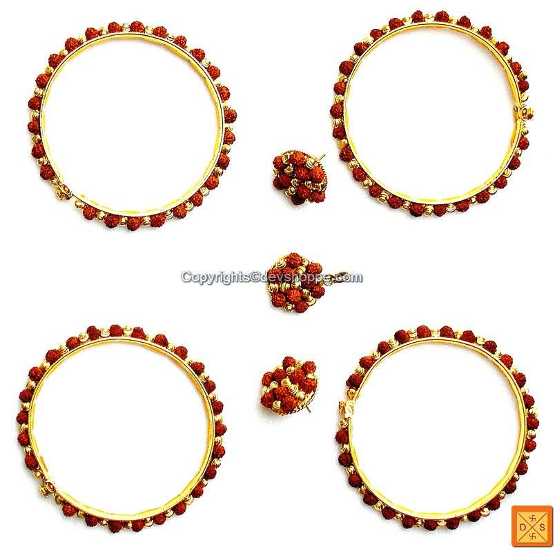 Gold-plated bangle set: red bead bangles, matching stud earrings and pendant
