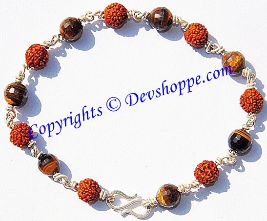 Tiger eye and rudraksha beaded bracelet with silver link clasp
