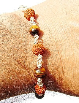 Tiger eye and rudraksha beaded bracelet with silver link clasp