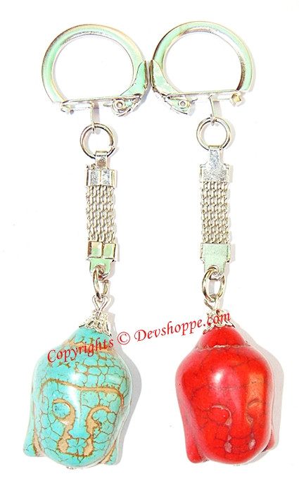 2 Buddha head keychains: turquoise & red head charms with metal rings