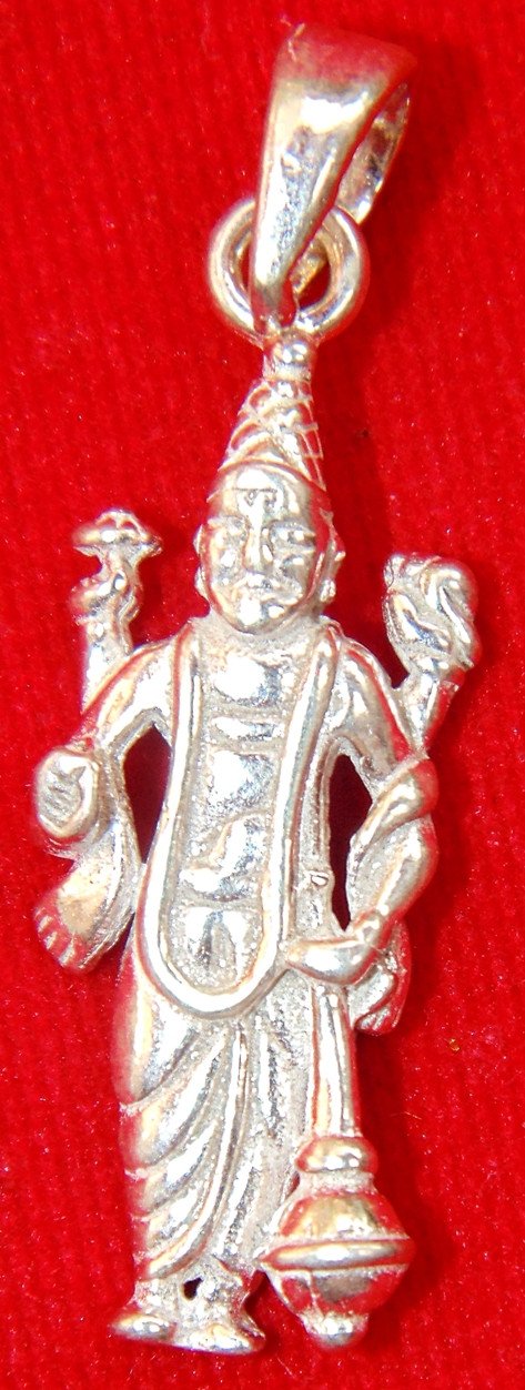 Sri Maha Vishnu pendant in pure silver, standing deity holding conch and disc, detailed