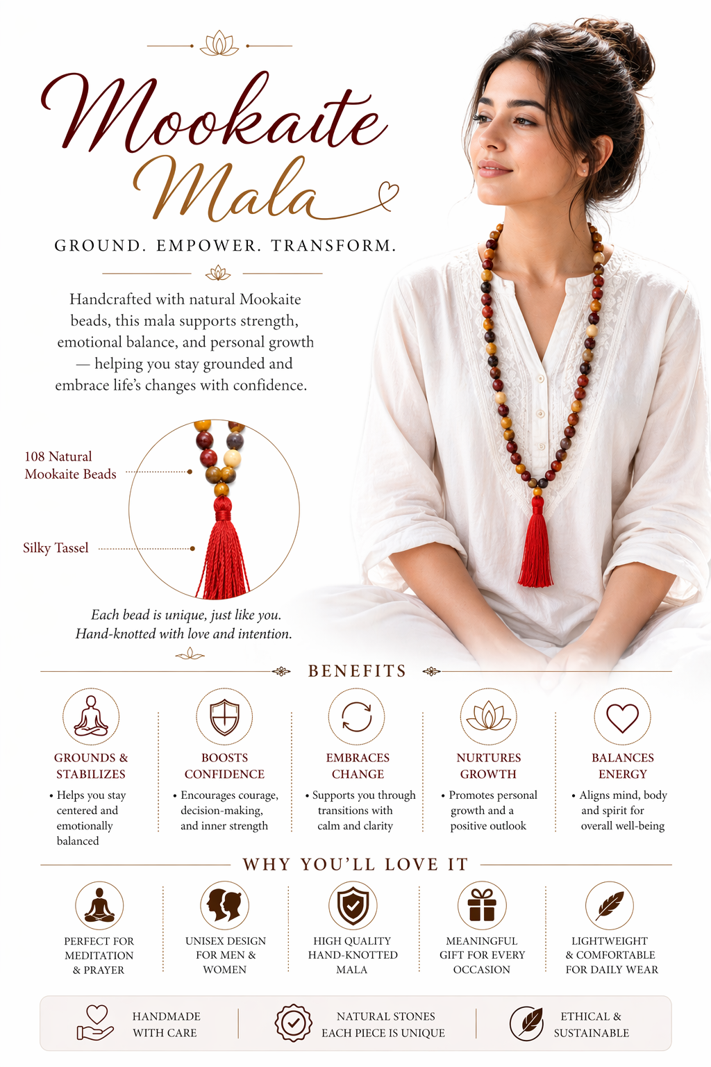 Mookaite mala necklace with 108 natural gemstone beads and red tassel