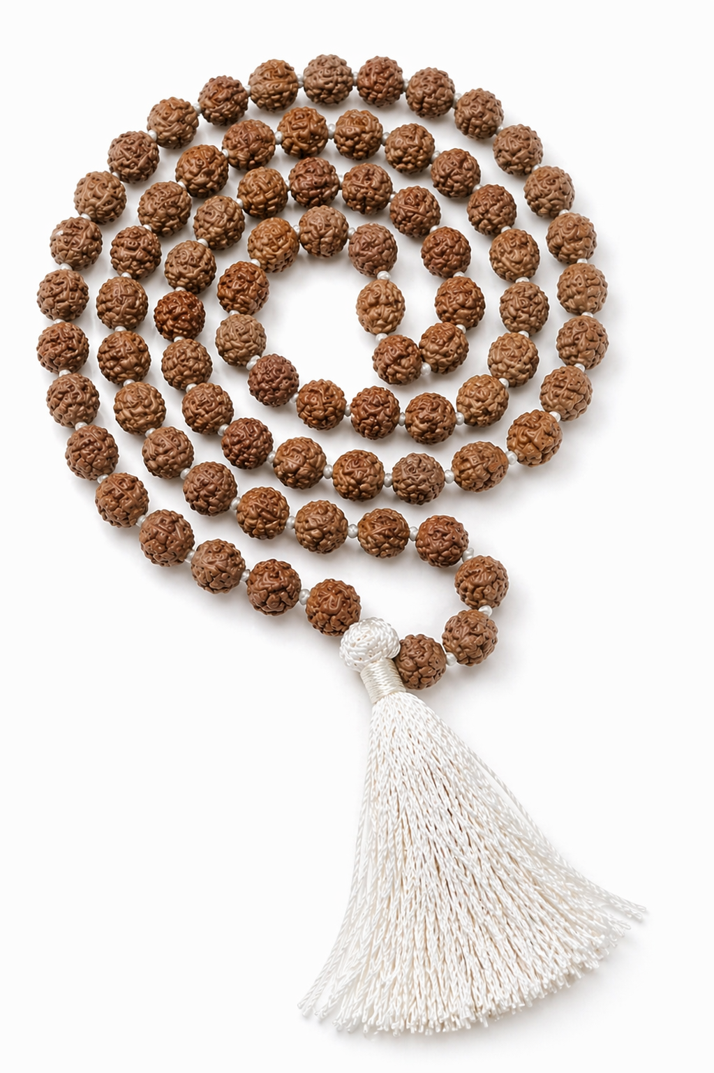 Rudraksha mala: dark-brown 8mm beads with white tassel, 108+1