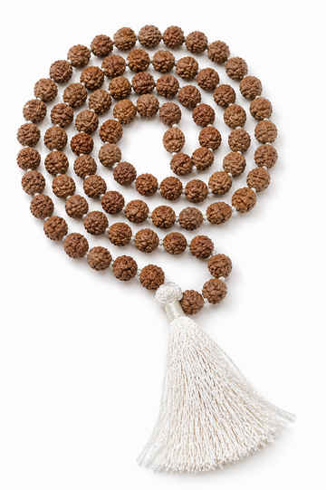 Rudraksha mala: dark-brown 8mm beads with white tassel, 108+1