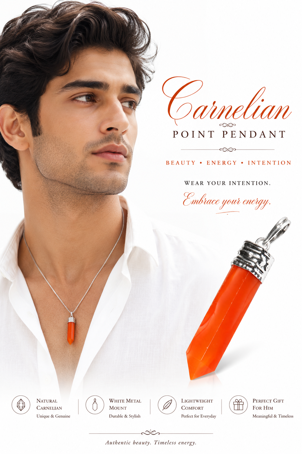 Orange carnelian point pendant hanging on a silver chain on a man