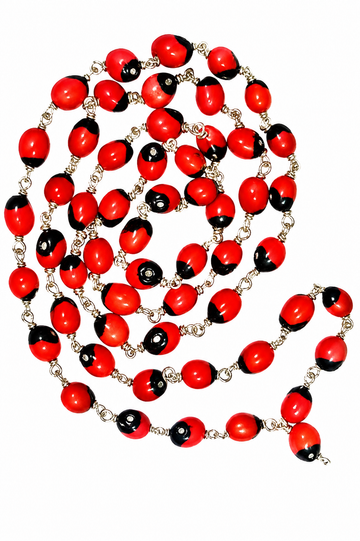 Red and black bead mala necklace with silver wire links and round accents