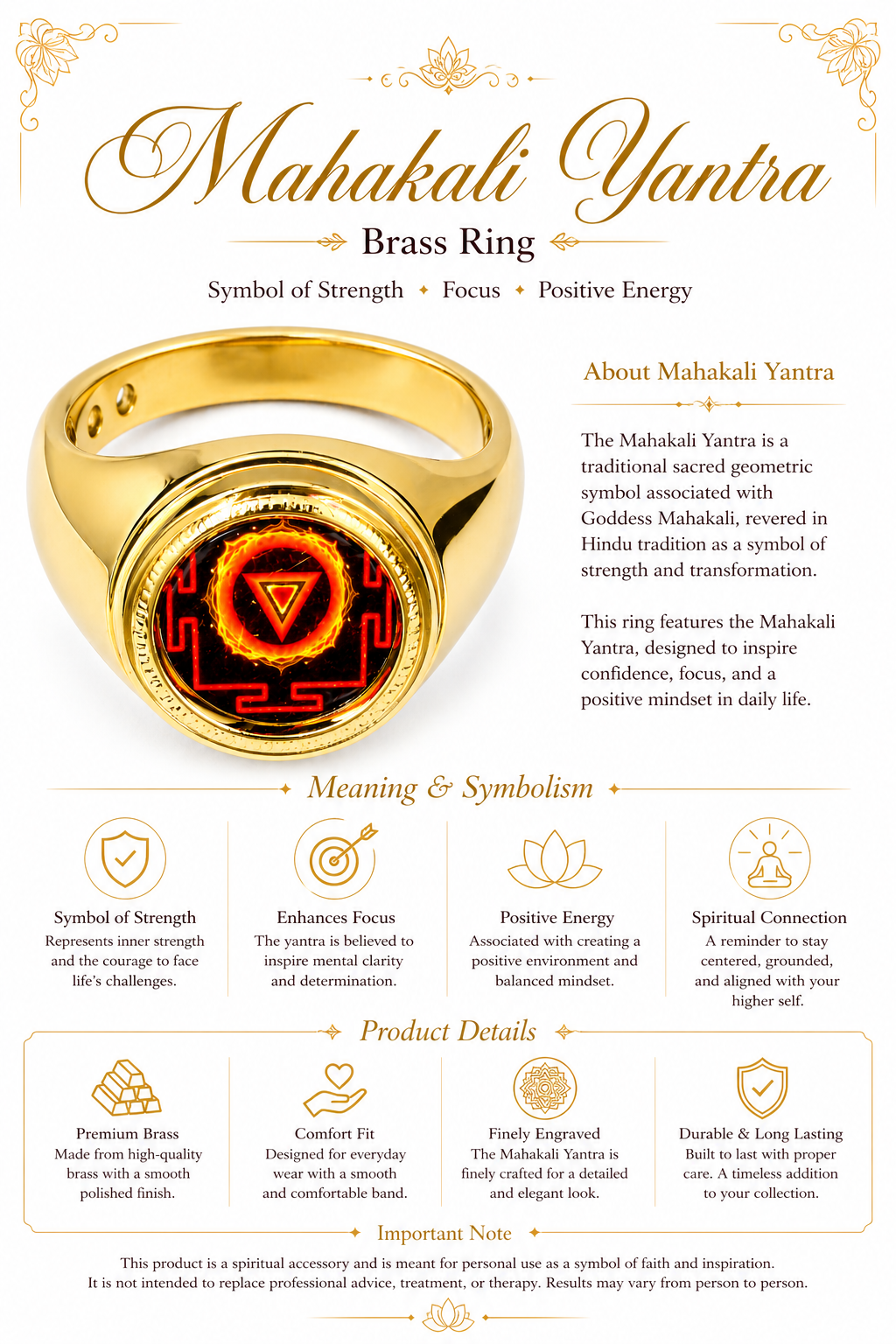 Gold brass signet-style ring with red triangular yantra at center