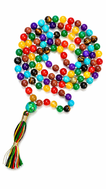 Multicolor gemstone bead mala necklace with striped tassel