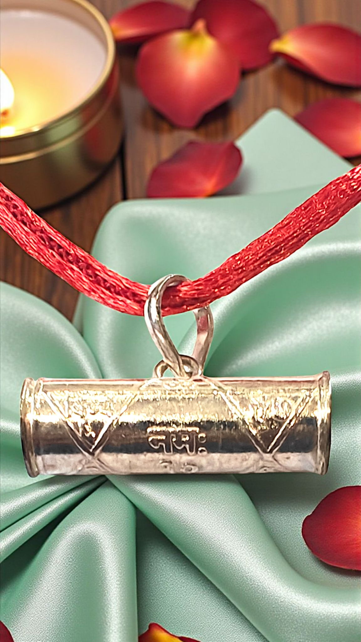 Silver hollow amulet pendant with Navarna mantra, on red cord