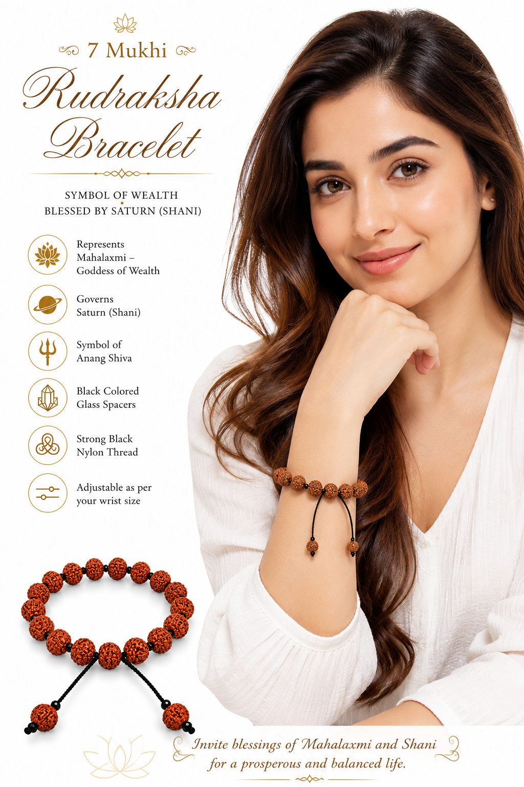 Authentic 7 Mukhi Javanese Rudraksha Bracelet | Adjustable Spiritual Bracelet for Men & Women | Handcrafted with Black Glass Spacers