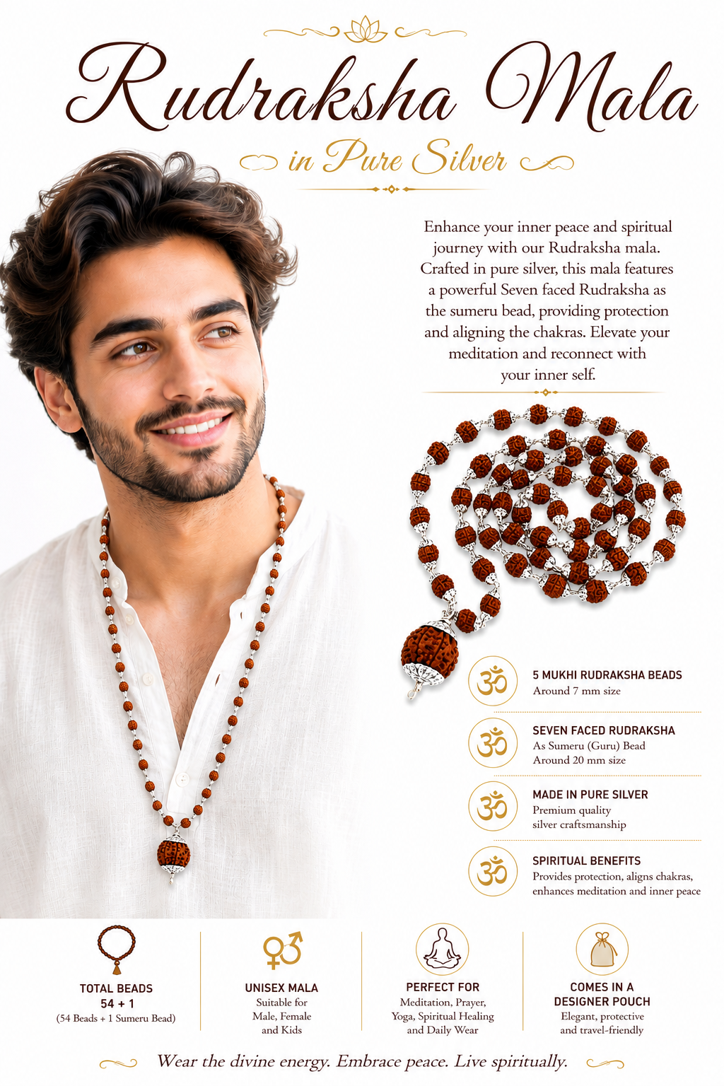 Model wearing brown rudraksha japa mala with pure silver bead spacers and pendant