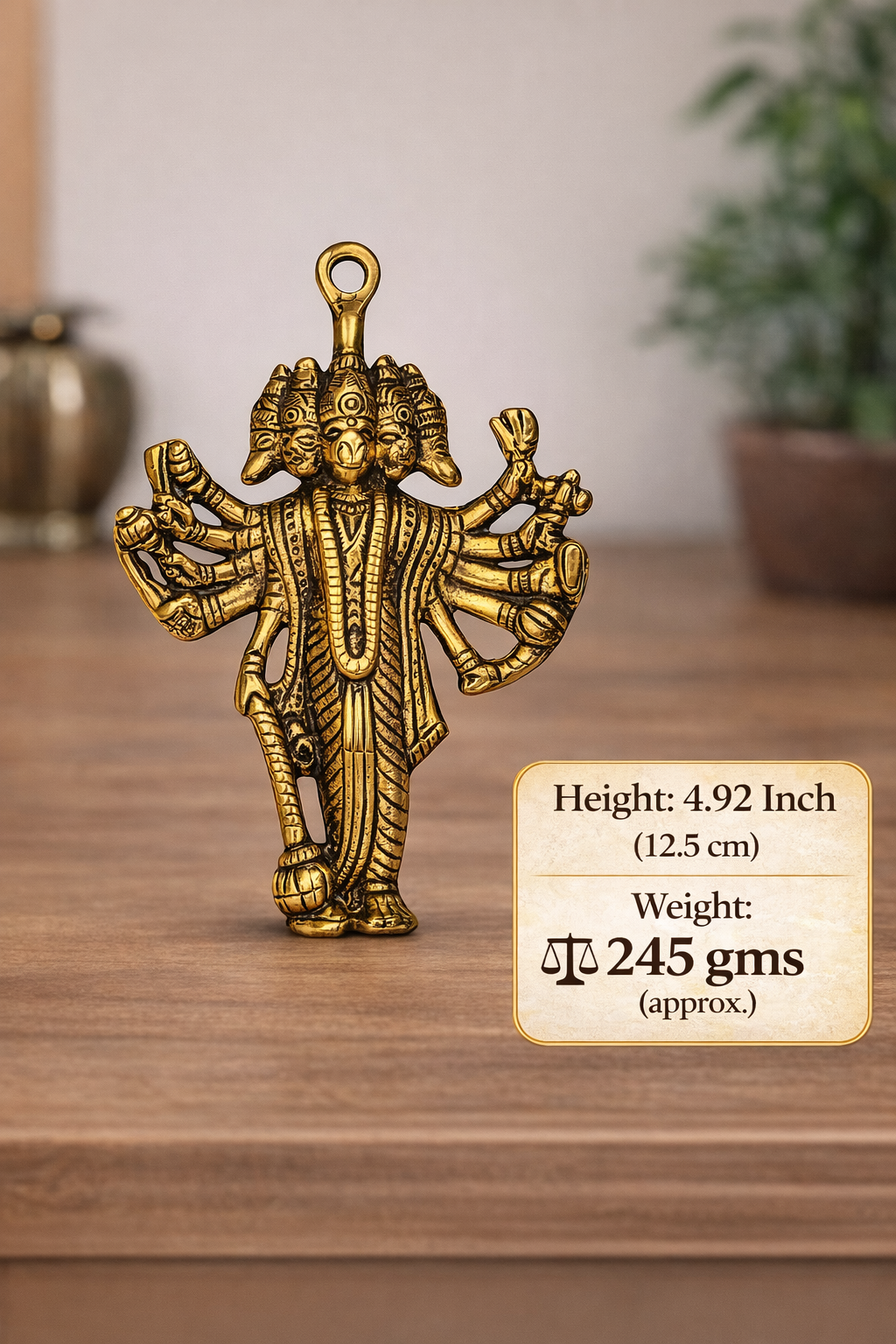 Panchmukhi Hanuman brass hanging idol with height and weight label on display